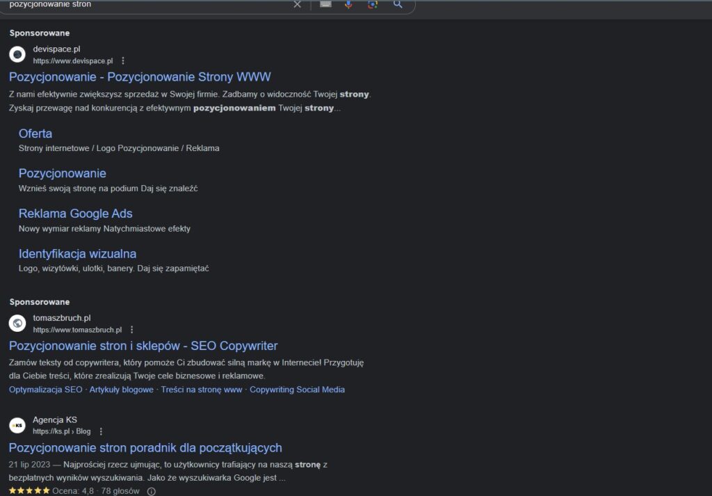 Przykładowe pozycje SEO w których dwie pierwsze to płatne wyniki wyszukiwania