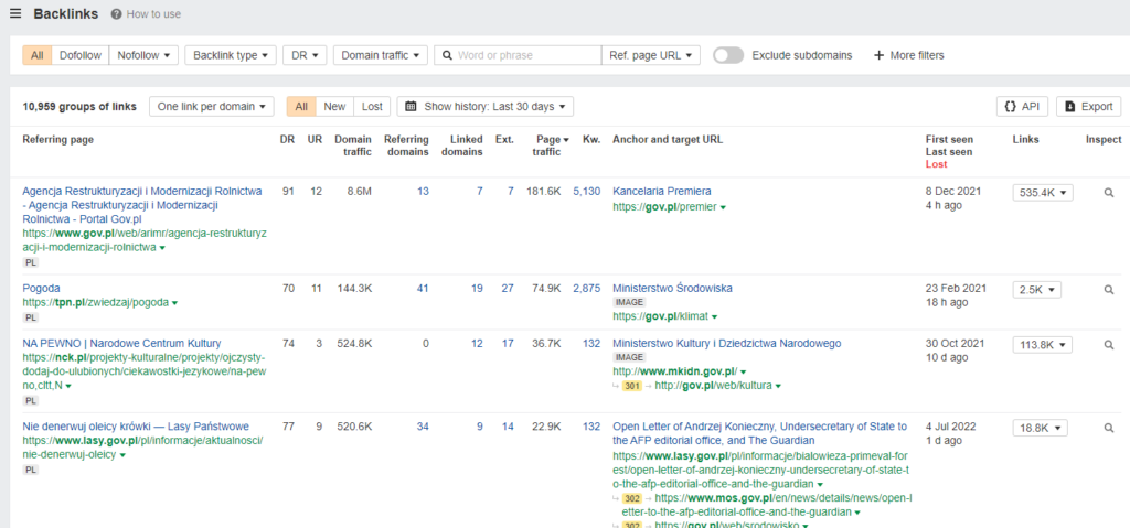 Screen z Ahrefsa prezentujący moc domen