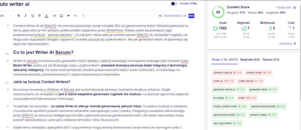 narzędzie SEO do optymalizacji treści Senuto Writer