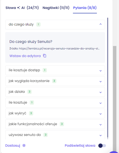 wstawianie do edytora senuto pytań i nagłówków w