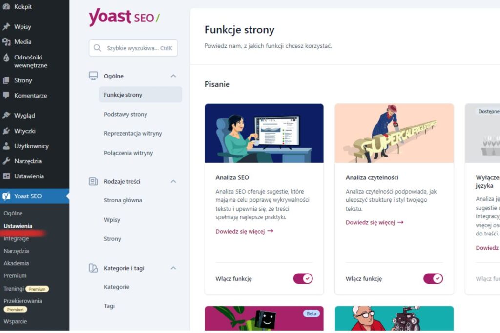 zmiana ustawień we wtyczce Yoast SEO